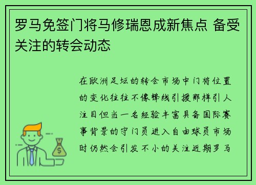 罗马免签门将马修瑞恩成新焦点 备受关注的转会动态 罗马免签门将马修瑞恩成新焦点 备受关注的转会动态